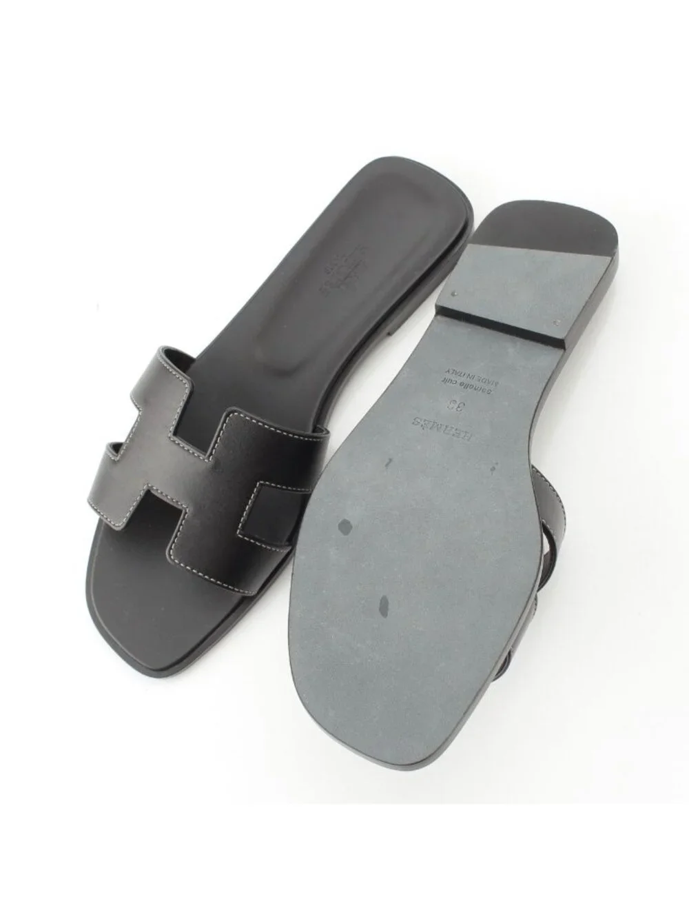 Hermes Oran Leather Sandals Noir